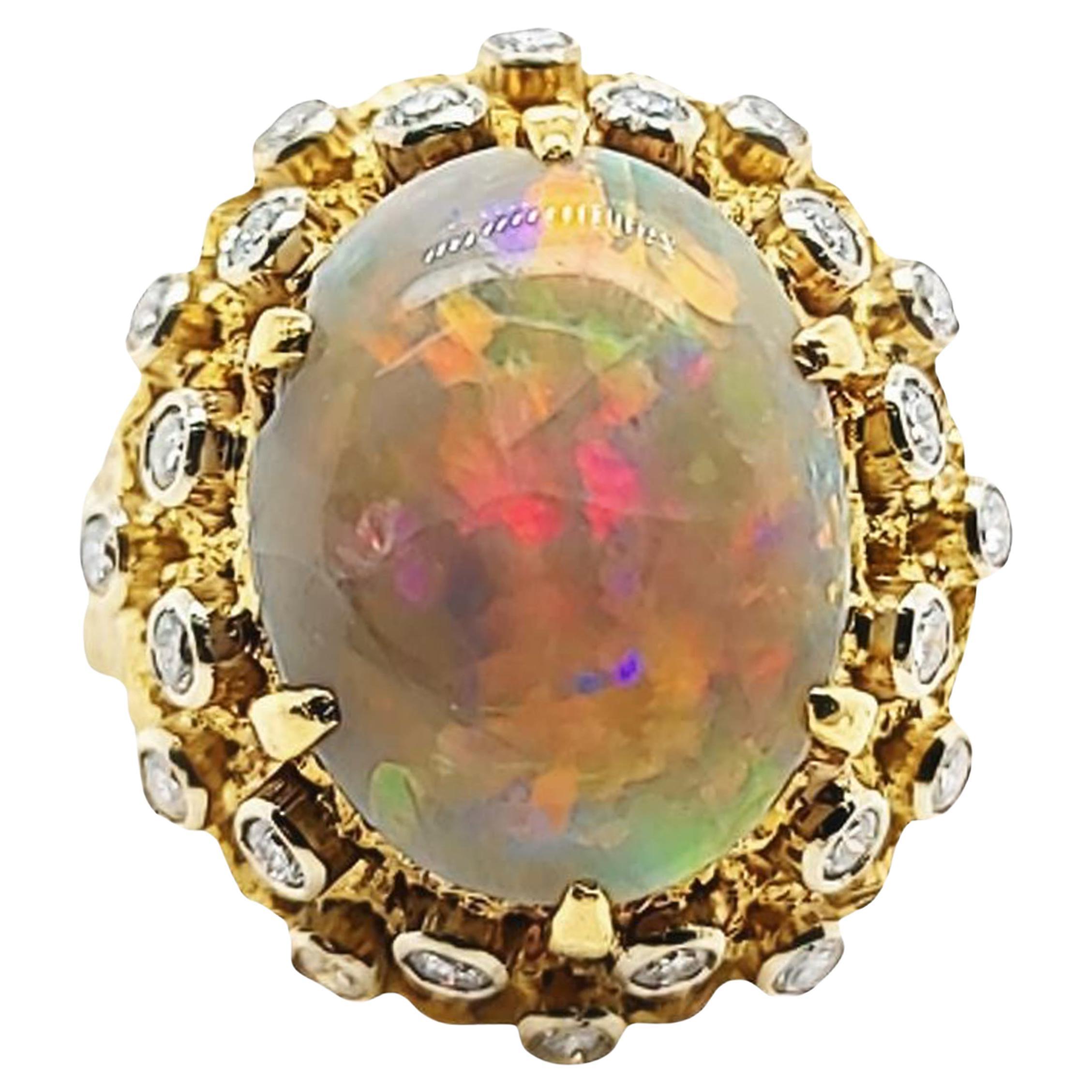 Vintage Opal and Diamond Cocktail Ring in Yellow Gold, Italian