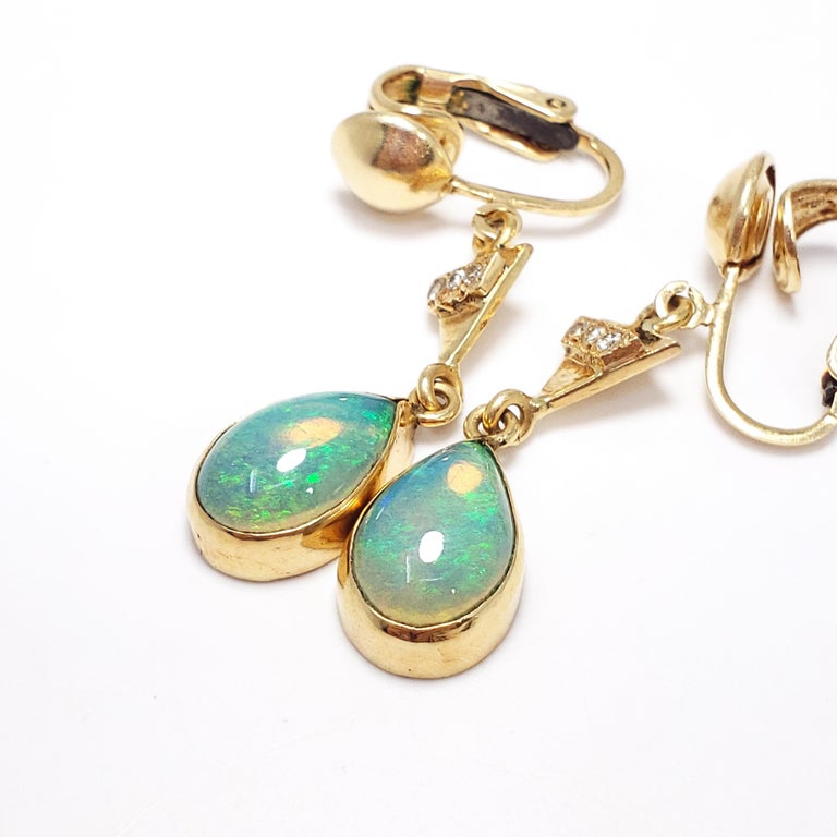 Vintage Opal and Diamond Dangling Teardrop Clip-On Earrings in 14 Karat Gold For Sale at 1stdibs