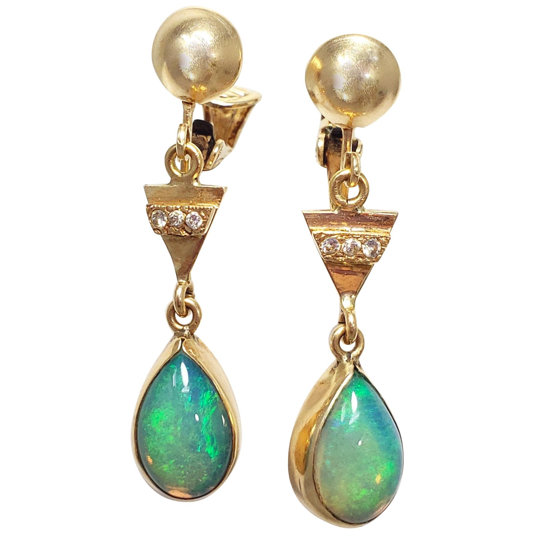 Vintage Opal and Diamond Dangling Teardrop Clip-On Earrings in 14 Karat Gold