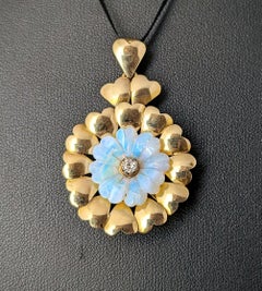 Vintage Opal and Diamond flower pendant, 9k gold, hearts