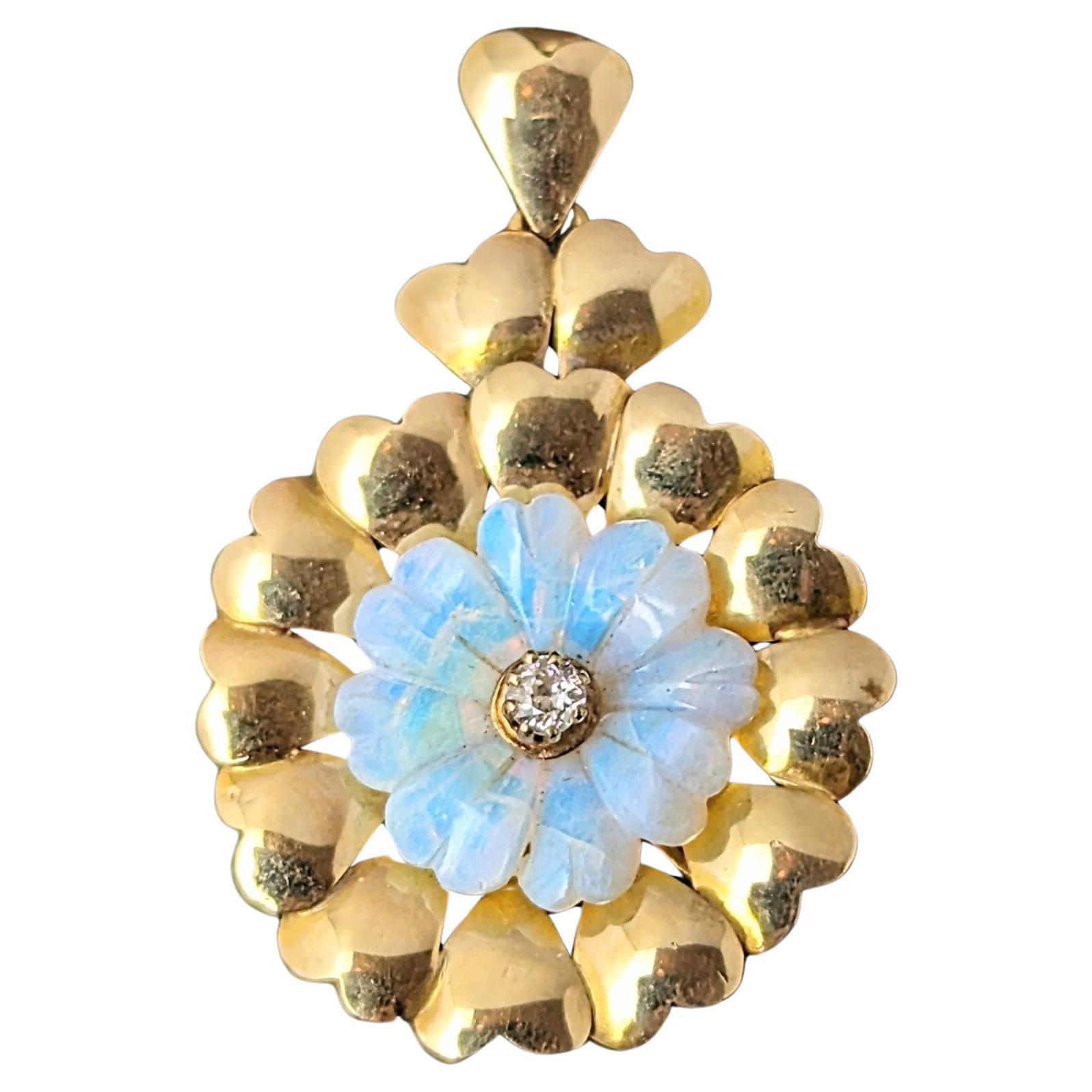 Vintage Opal and Diamond flower pendant, 9k gold, hearts  For Sale