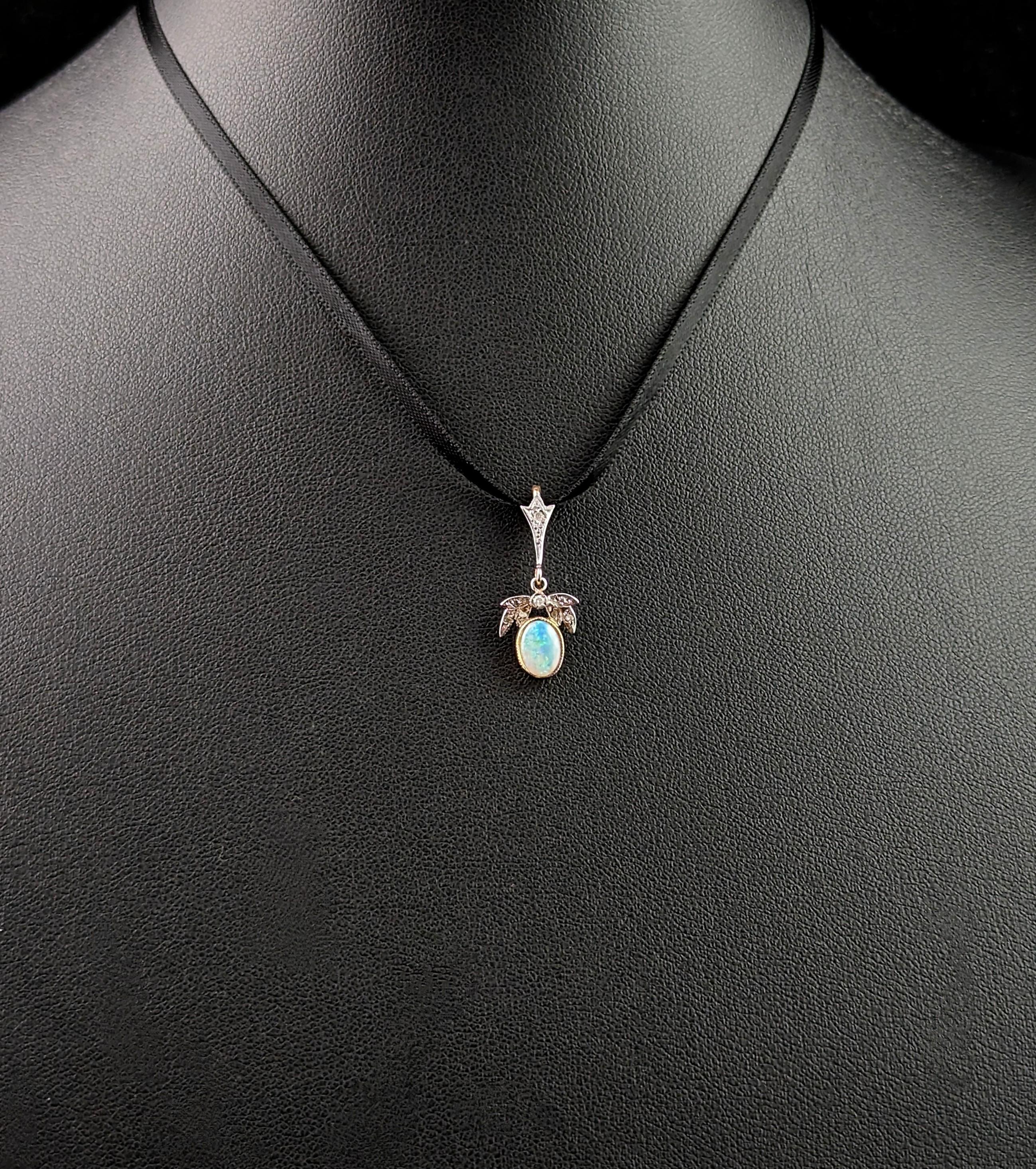 Cabochon Vintage Opal and Diamond pendant, 9k gold, Dainty, Art Deco style  For Sale