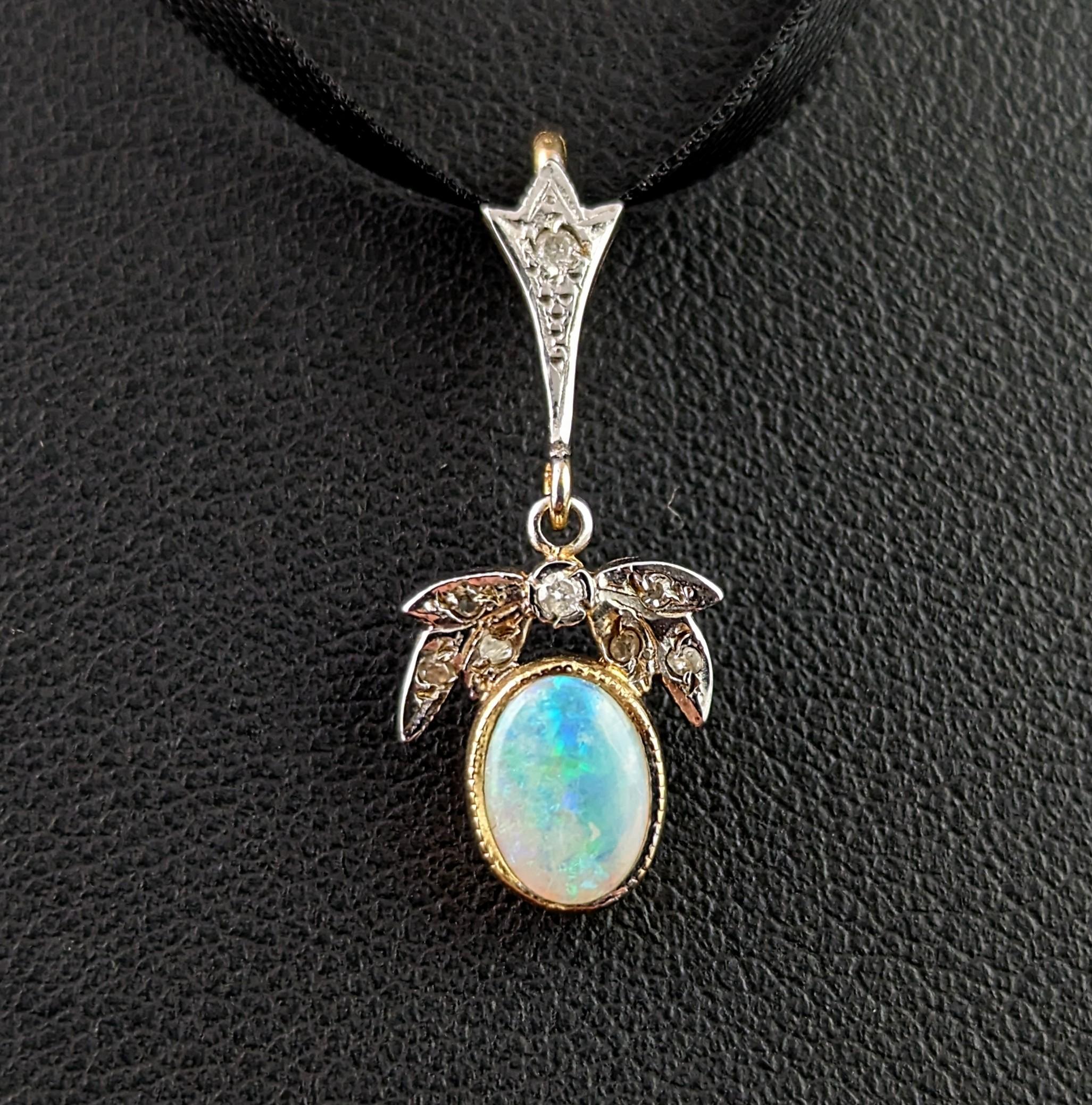 Women's or Men's Vintage Opal and Diamond pendant, 9k gold, Dainty, Art Deco style 