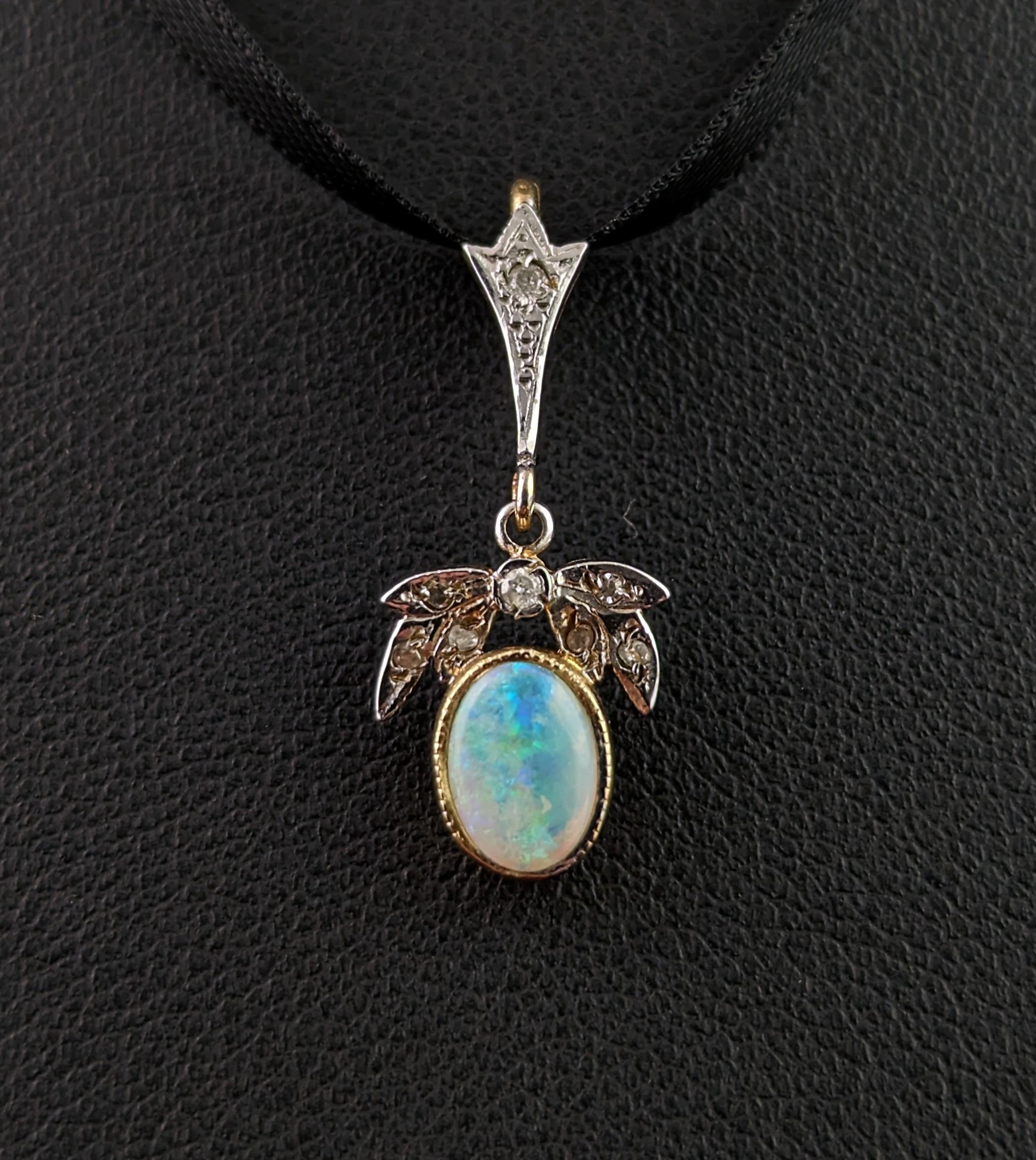 Vintage Opal and Diamond pendant, 9k gold, Dainty, Art Deco style  For Sale 1