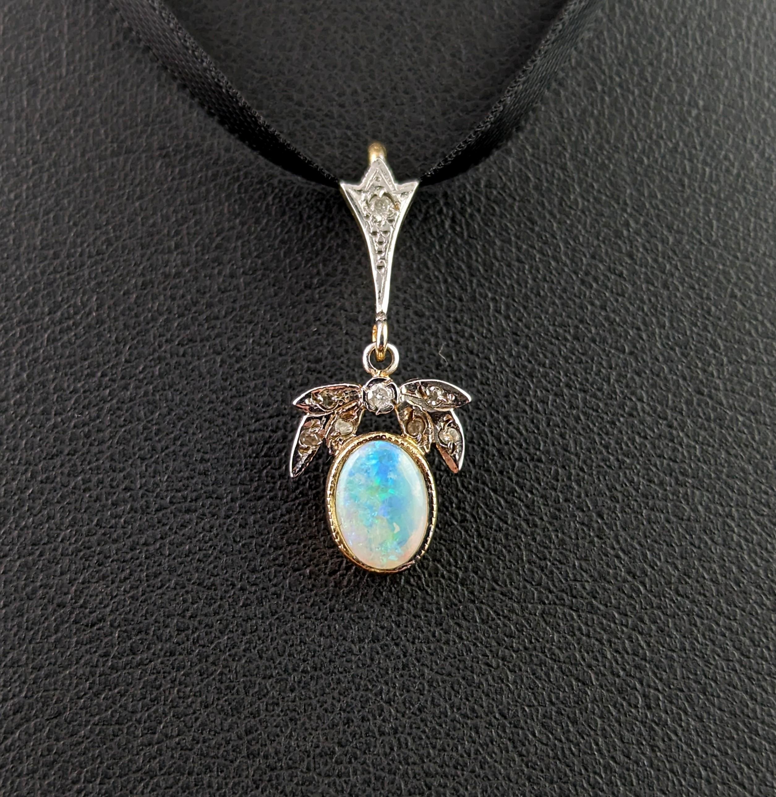 Vintage Opal and Diamond pendant, 9k gold, Dainty, Art Deco style  2