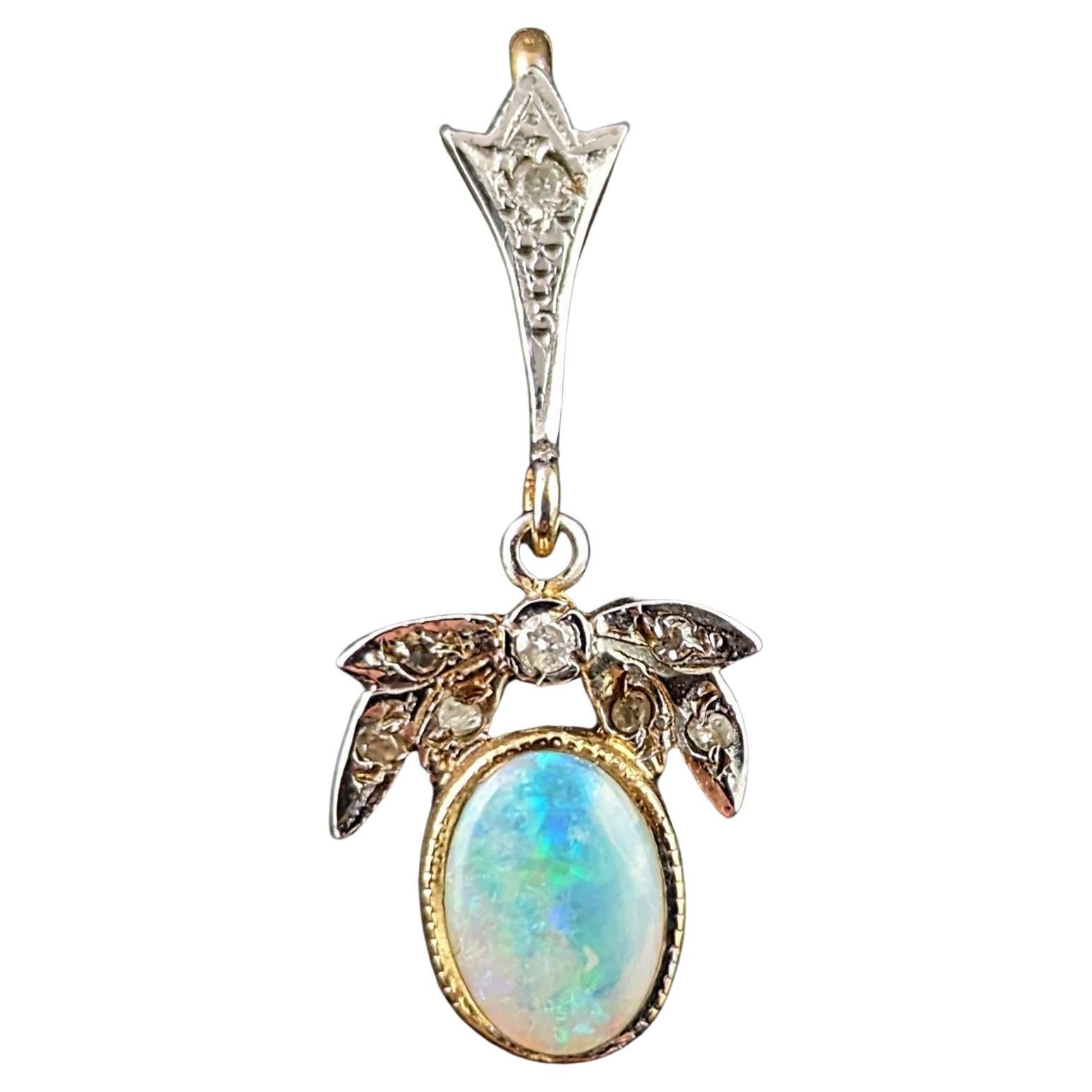 Vintage Opal and Diamond pendant, 9k gold, Dainty, Art Deco style  For Sale