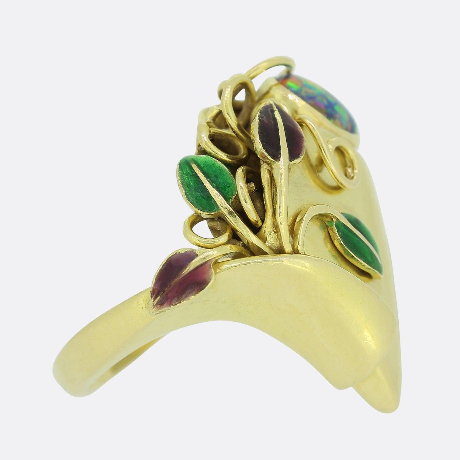 Oval Cut Vintage Opal and Enamel Ring For Sale
