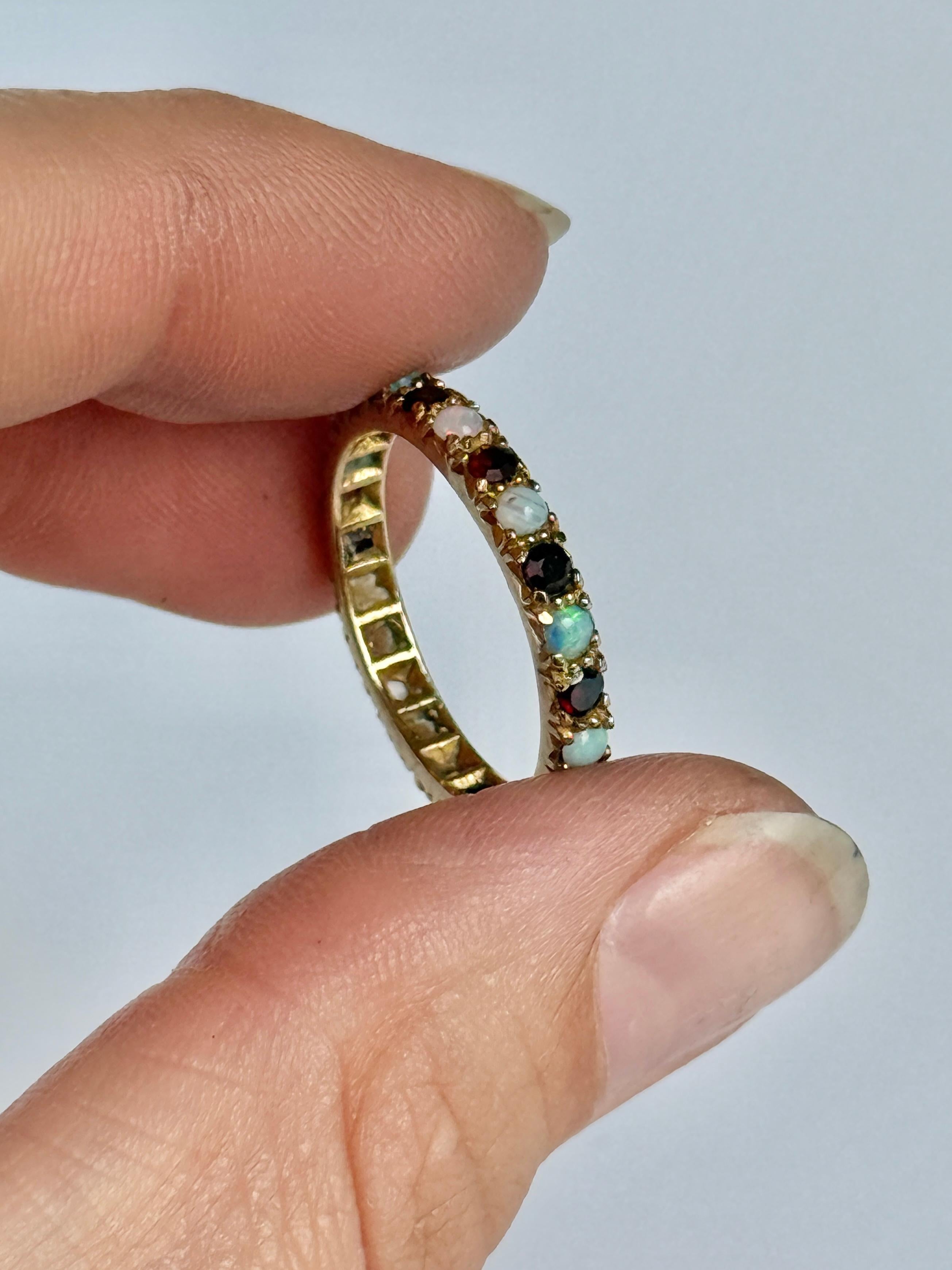 Cabochon Vintage Opal and Garnet 9 Carat Gold Full Eternity Band For Sale