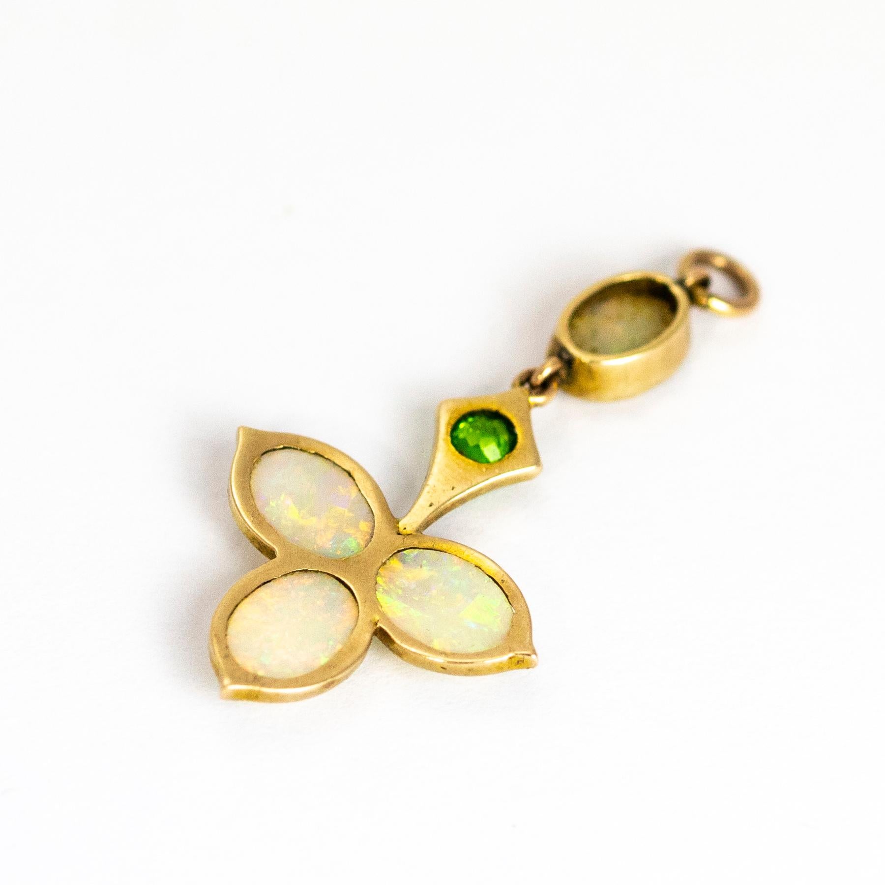 Vintage Opal and Green Garnet Yellow Gold Pendant 1