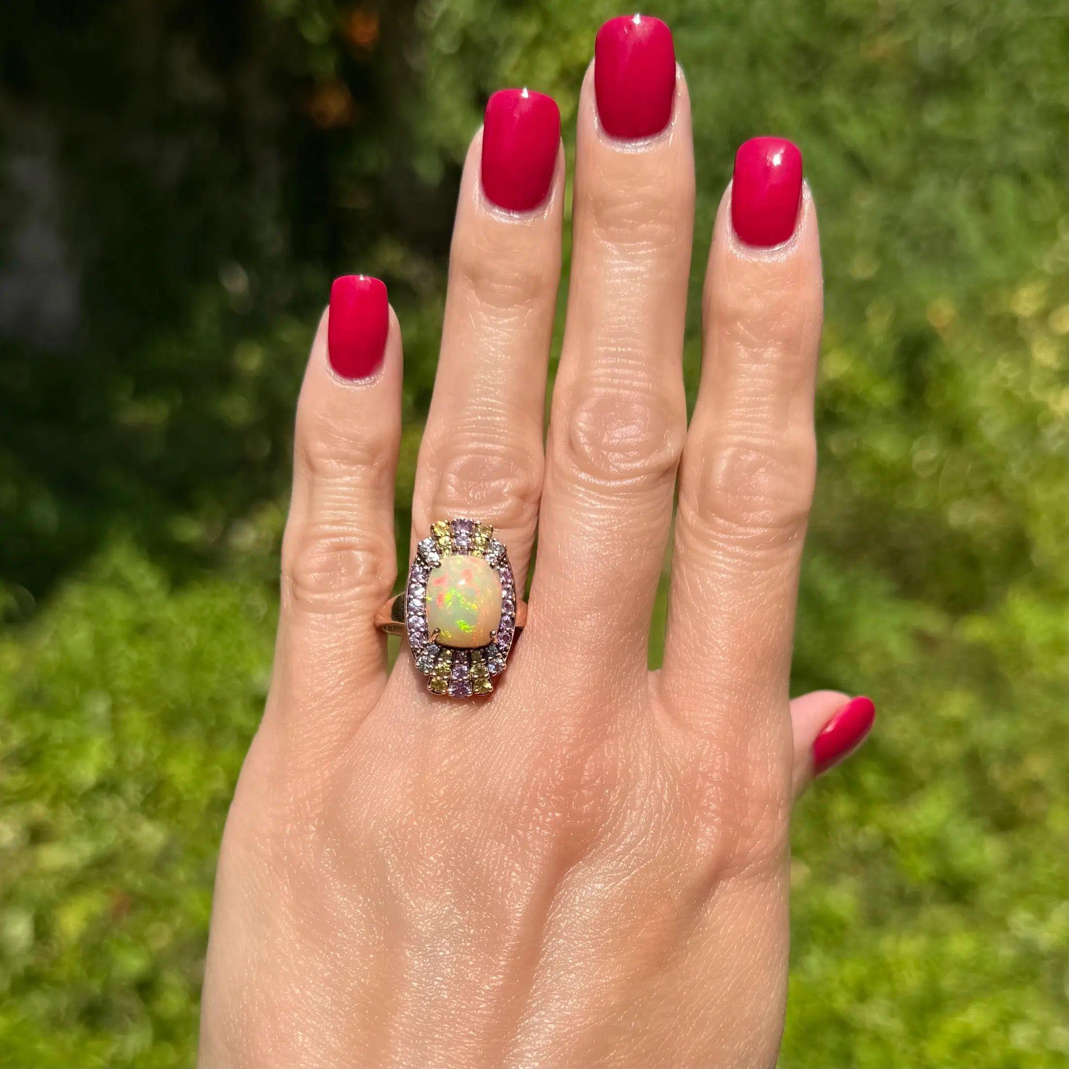 Modernist Vintage Opal and Pink, Yellow, Blue Sapphire Gold Cocktail Ring For Sale