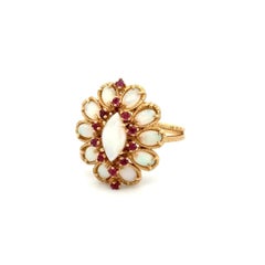 Vintage Opal and Ruby Gold Mid Century 1960s Dome Cocktail Ring