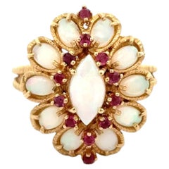 Vintage Opal and Ruby Gold Mid Century 1960s Dome Cocktail Ring