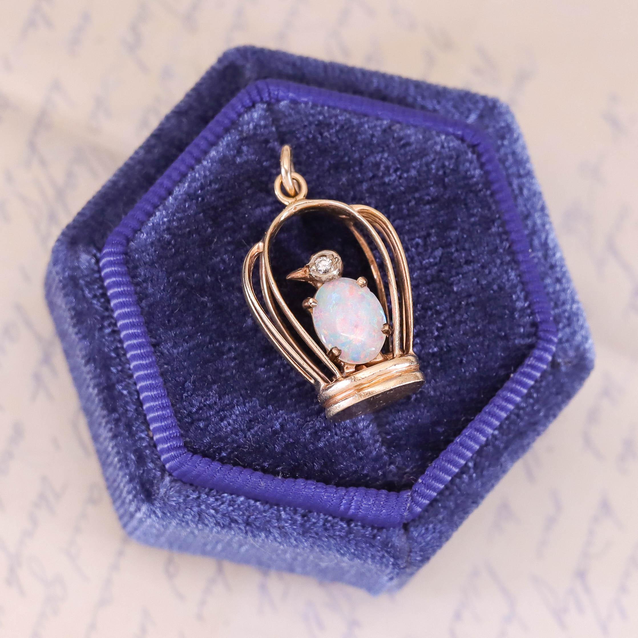 Vintage Opal Bird in Birdcage of 14k Gold For Sale 2