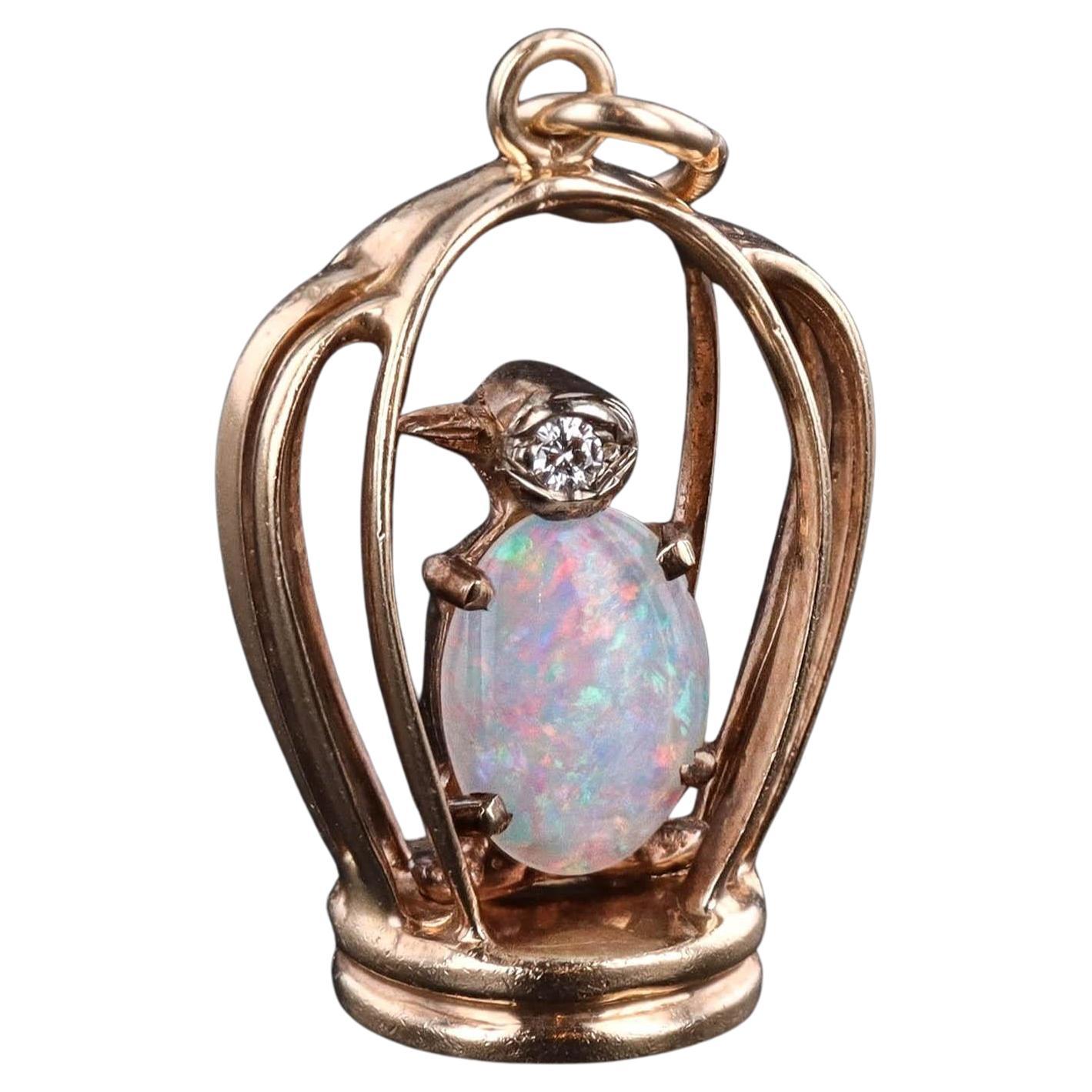 Vintage Opal Bird in Birdcage of 14k Gold