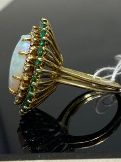 Vintage Opal Cabochon Diamond Emerald & 18k Yellow Gold Cocktail Ring