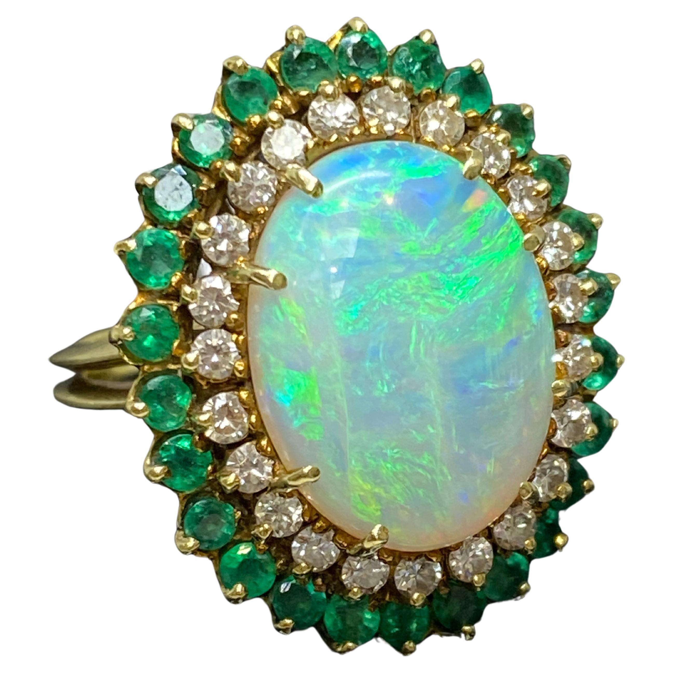 Vintage Opal Cabochon Diamond Emerald & 18k Yellow Gold Cocktail Ring For Sale