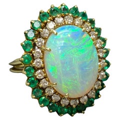 Vintage Opal Cabochon Diamond Emerald & 18k Yellow Gold Cocktail Ring