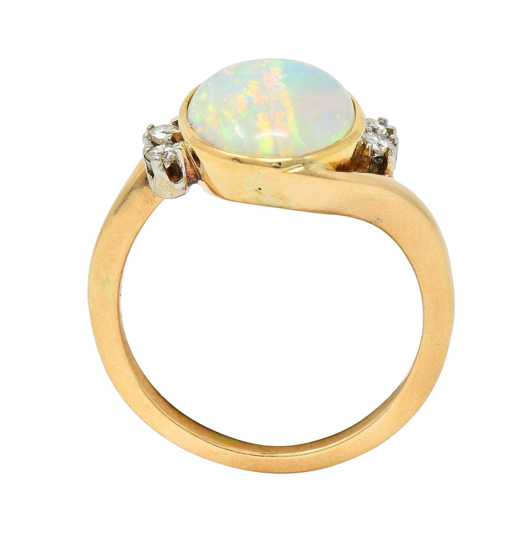 Vintage Opal Cabochon Diamond Platinum 14 Karat Yellow Gold Bypass Ring For Sale 6
