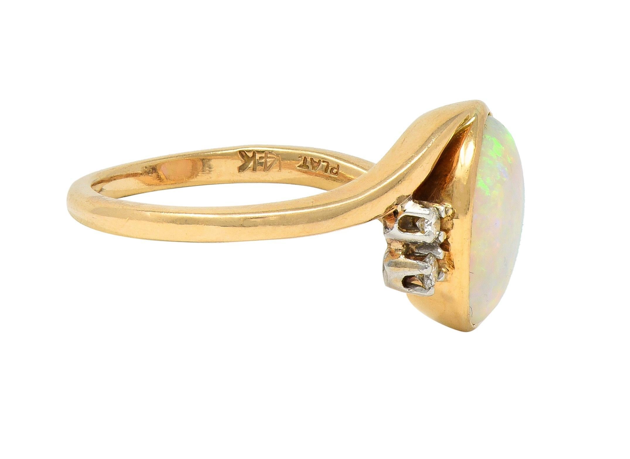 Contemporary Vintage Opal Cabochon Diamond Platinum 14 Karat Yellow Gold Bypass Ring For Sale