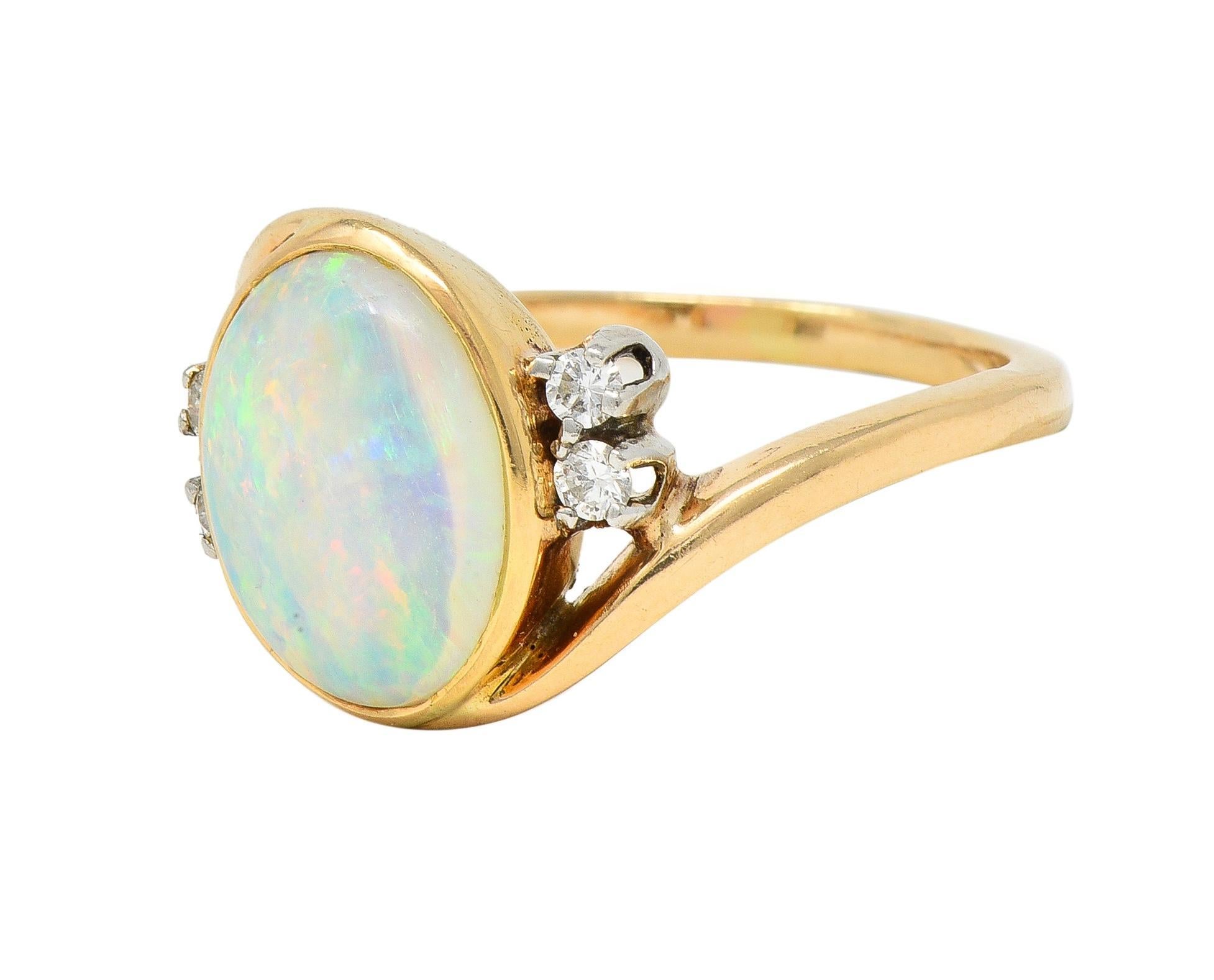 Women's or Men's Vintage Opal Cabochon Diamond Platinum 14 Karat Yellow Gold Bypass Ring For Sale