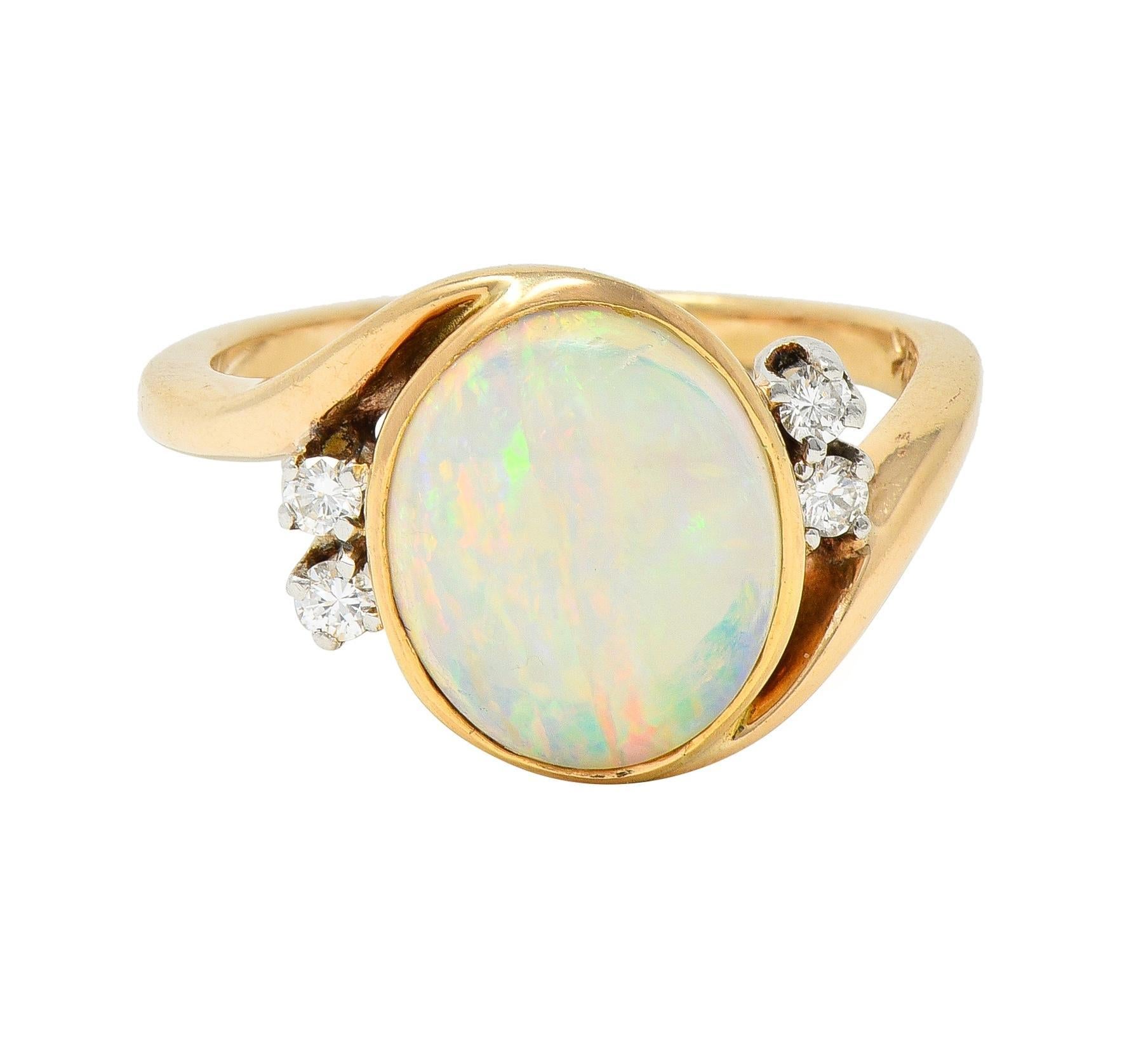 Vintage Opal Cabochon Diamond Platinum 14 Karat Yellow Gold Bypass Ring For Sale 3