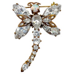 Broche libellule vintage en opale et cristal années 2000