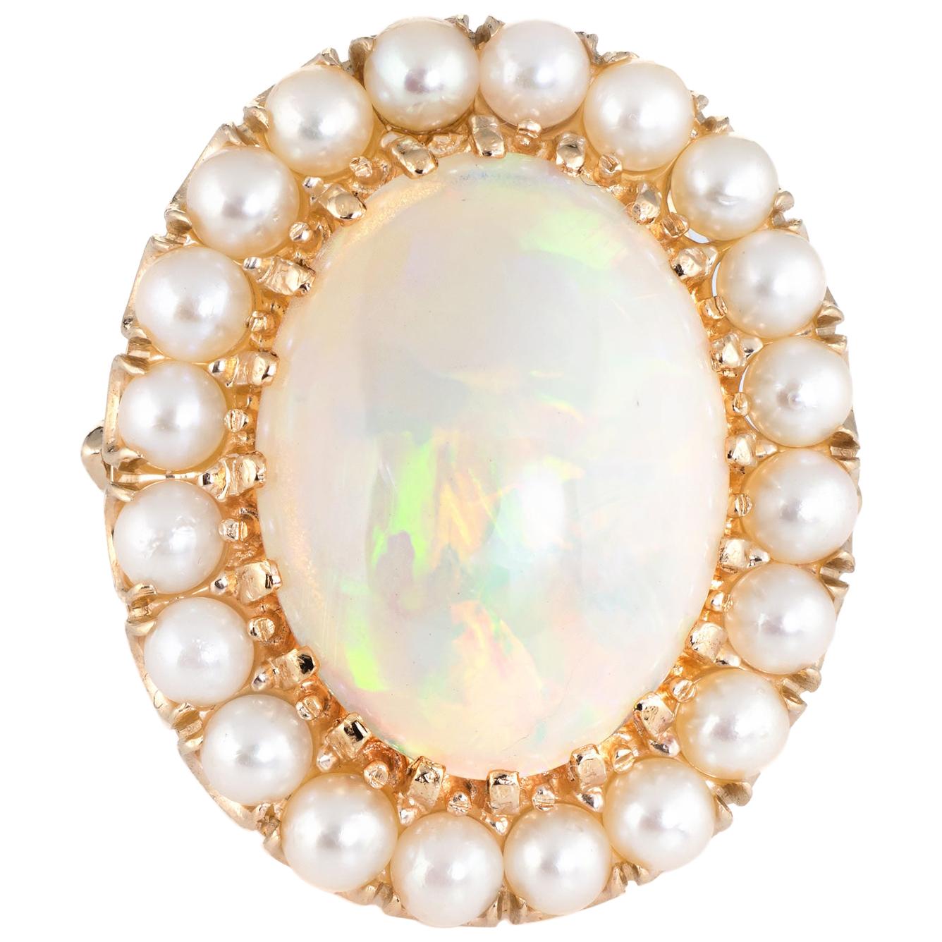 Vintage Opal Cultured Pearl Ring 14 Karat Gold Large Oval Cocktail Jewelry