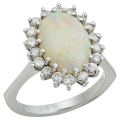 Vintage opal diamond 14k white gold cluster ring