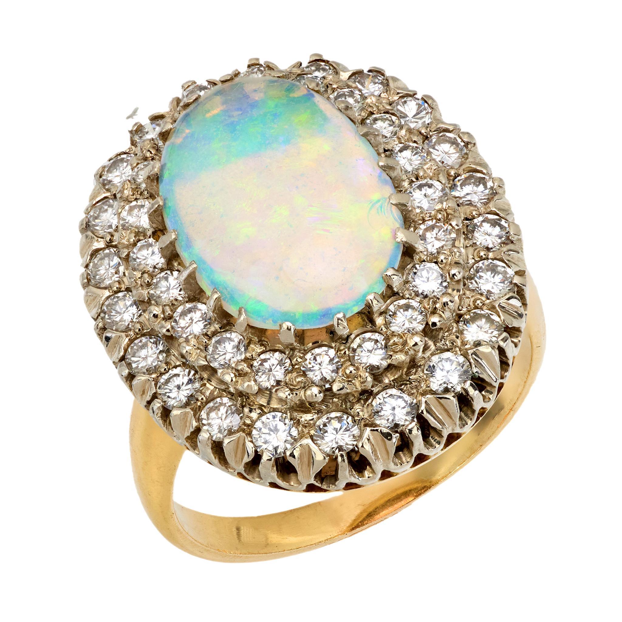 Cabochon Vintage opal diamond 14k yellow and white gold cocktail ring For Sale