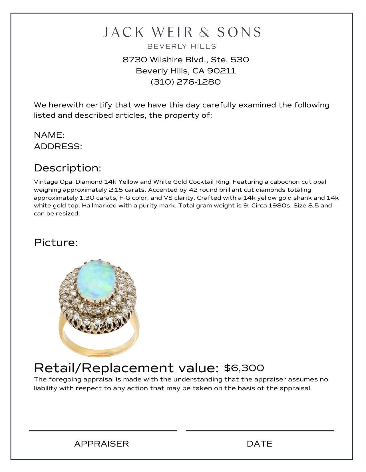 Vintage opal diamond 14k yellow and white gold cocktail ring In Good Condition For Sale In Beverly Hills, CA
