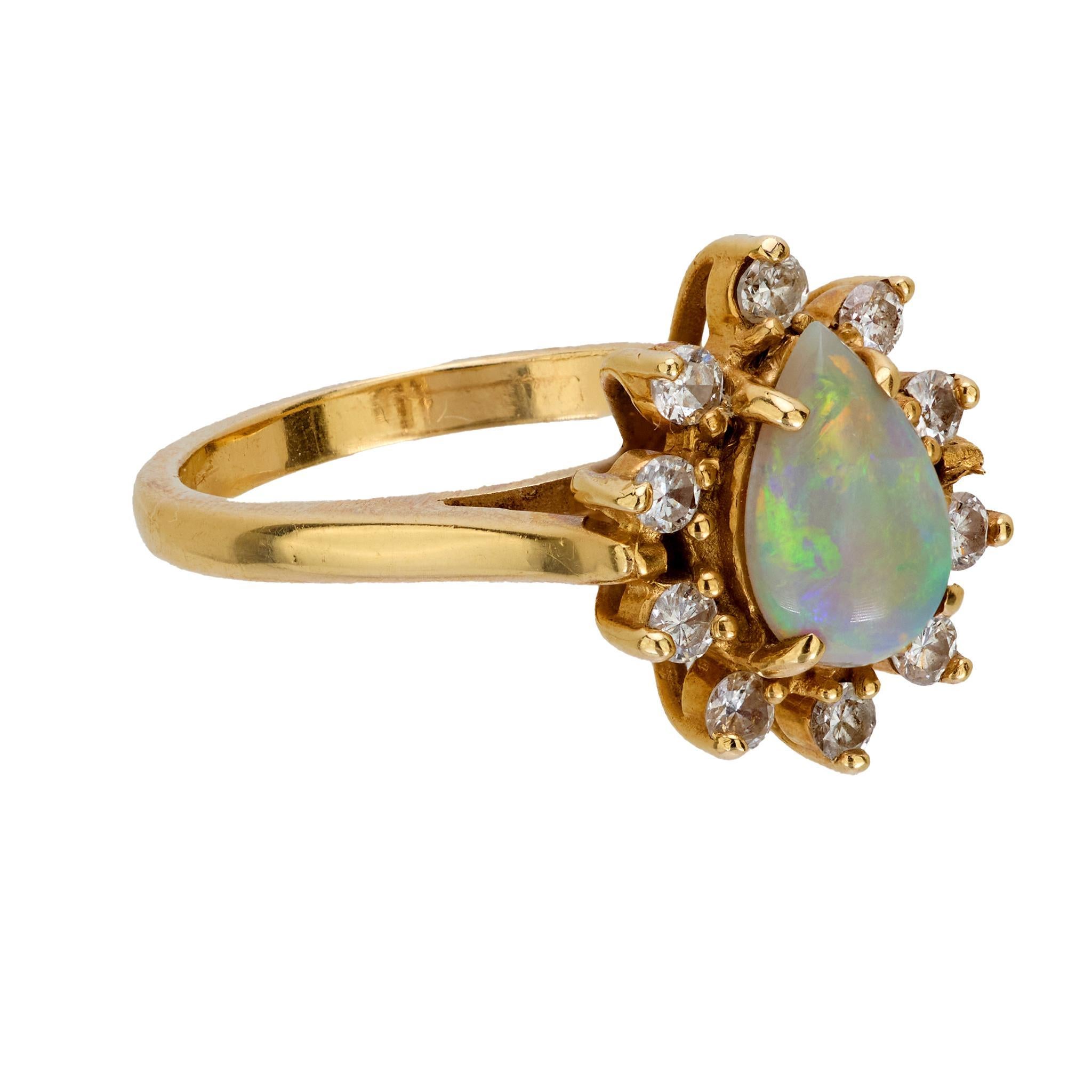 Pear Cut Vintage opal diamond 14k yellow gold cluster ring For Sale