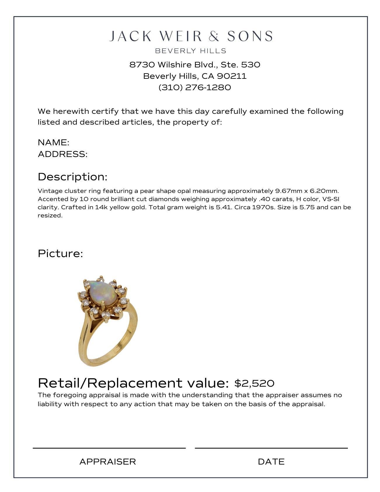 Vintage opal diamond 14k yellow gold cluster ring In Excellent Condition For Sale In Beverly Hills, CA