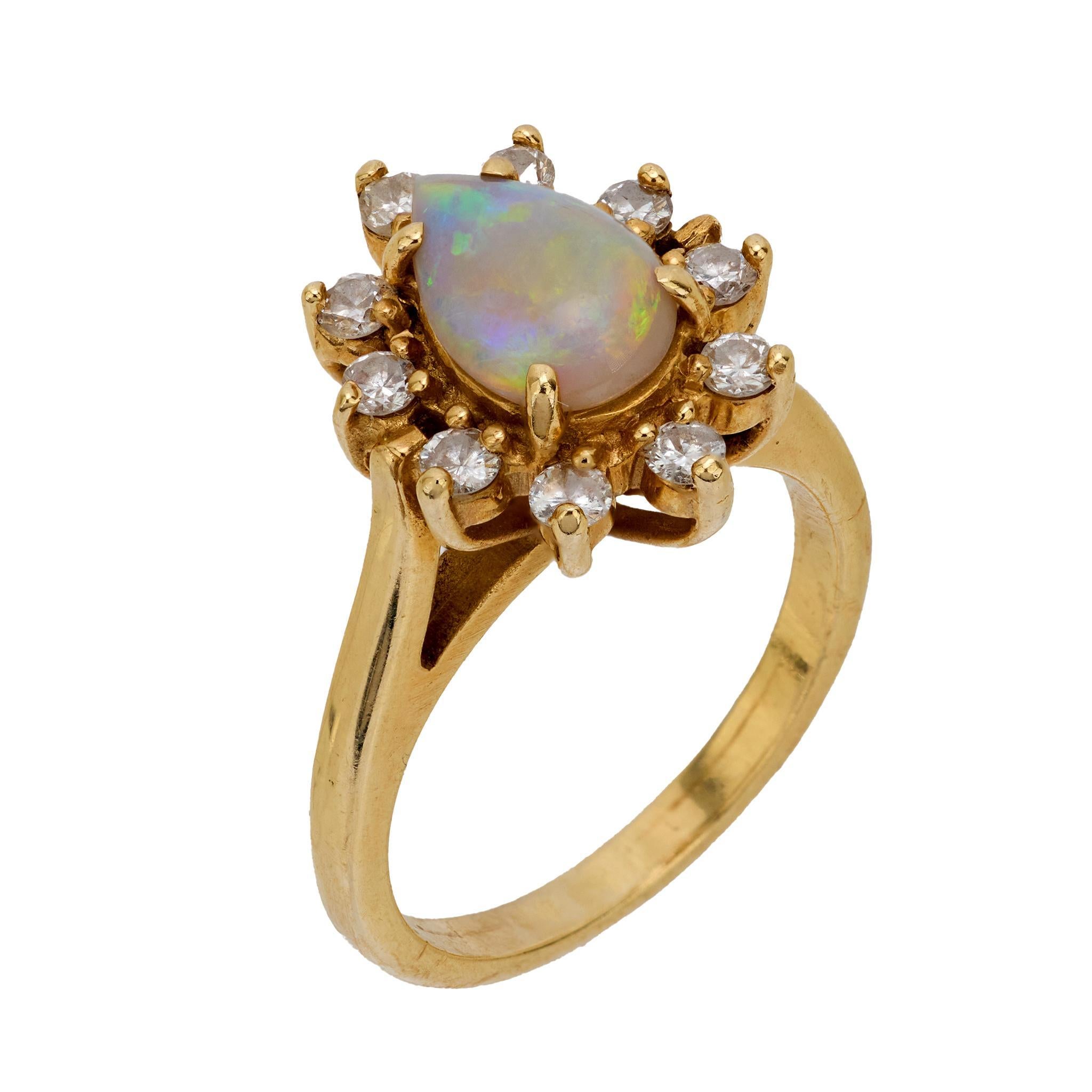 Anello a grappolo con diamante opale vintage in oro giallo 14k