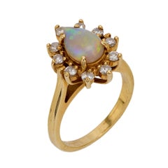 Bague à grappes vintage en or jaune 14 carats avec opale et diamants