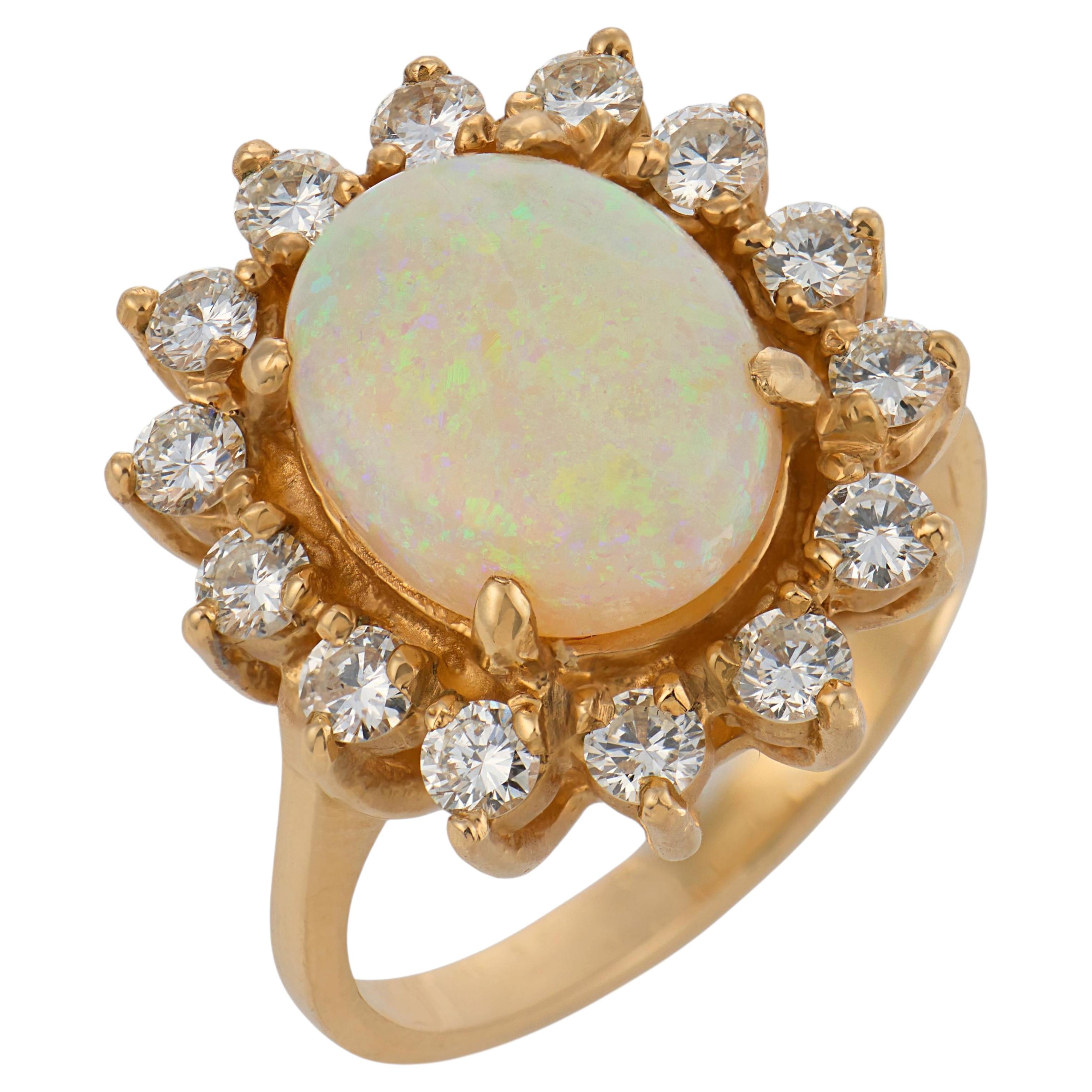 Vintage opal diamond 14k yellow gold cluster ring For Sale