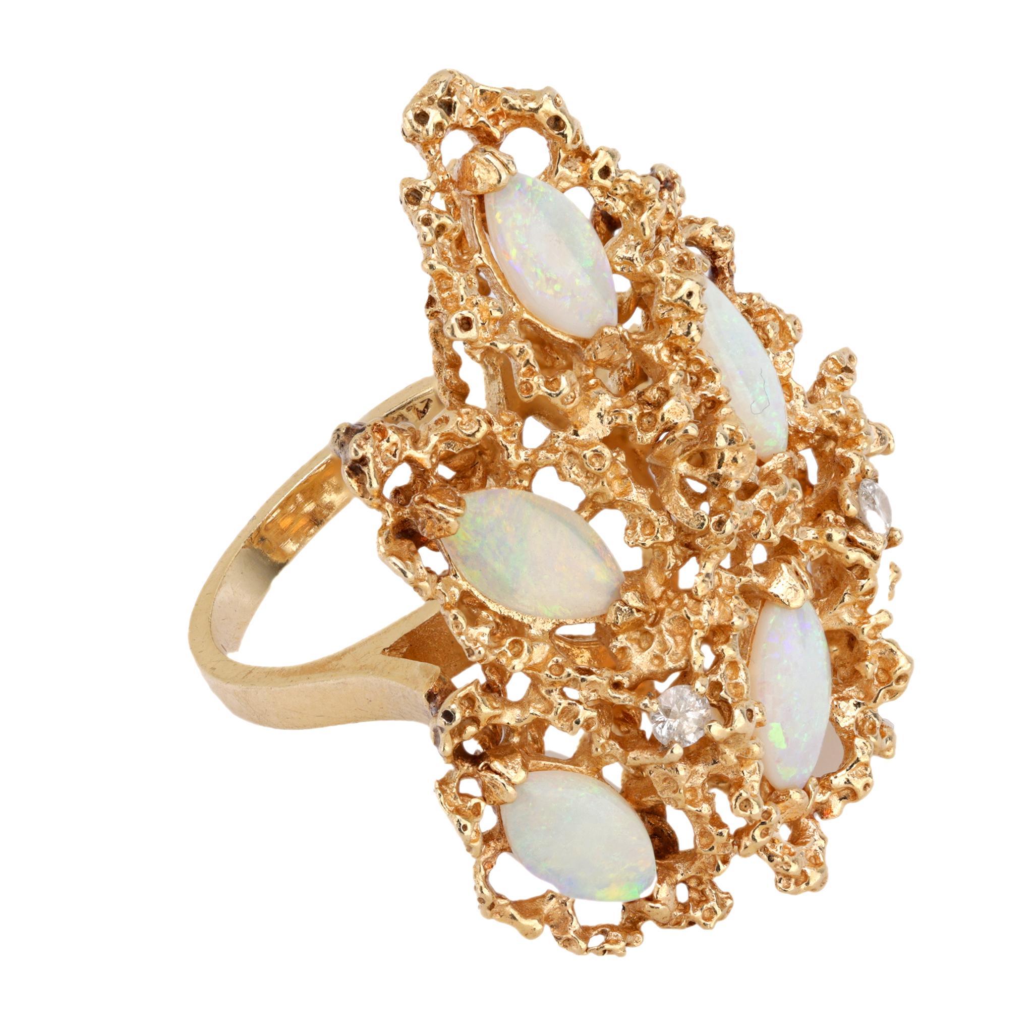 This vintage 14k yellow gold cocktail ring showcases six luminous marquise-cut opals, approximately 7.83mm x 3.96mm, accented by two round brilliant cut diamonds totaling approximately 0.10 carats, H color, SI clarity. A radiant and artful design