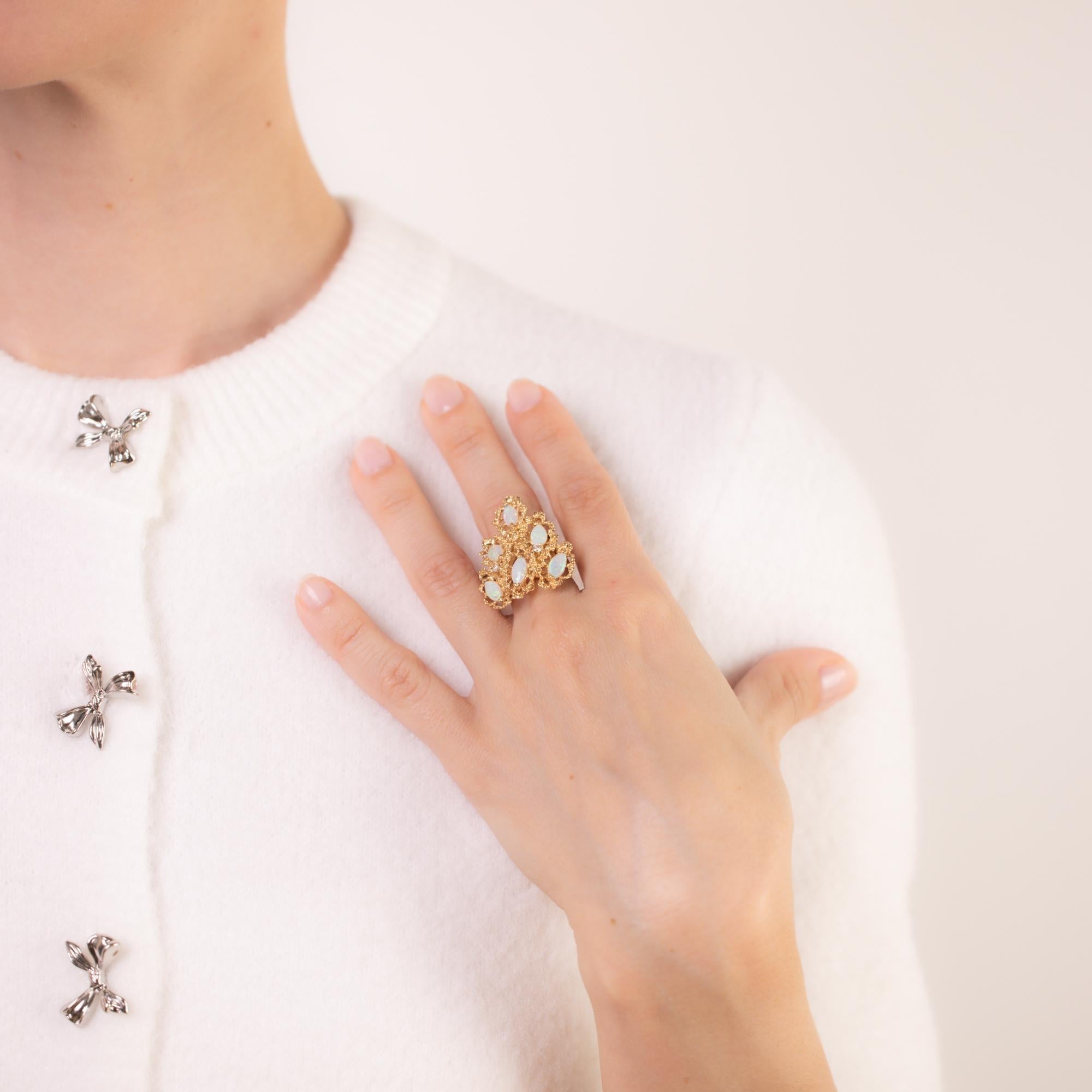 Modern Vintage opal diamond 14k yellow gold cocktail ring For Sale