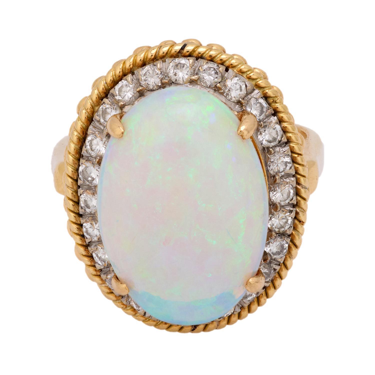 Modern Vintage opal diamond 14k yellow gold cocktail ring For Sale