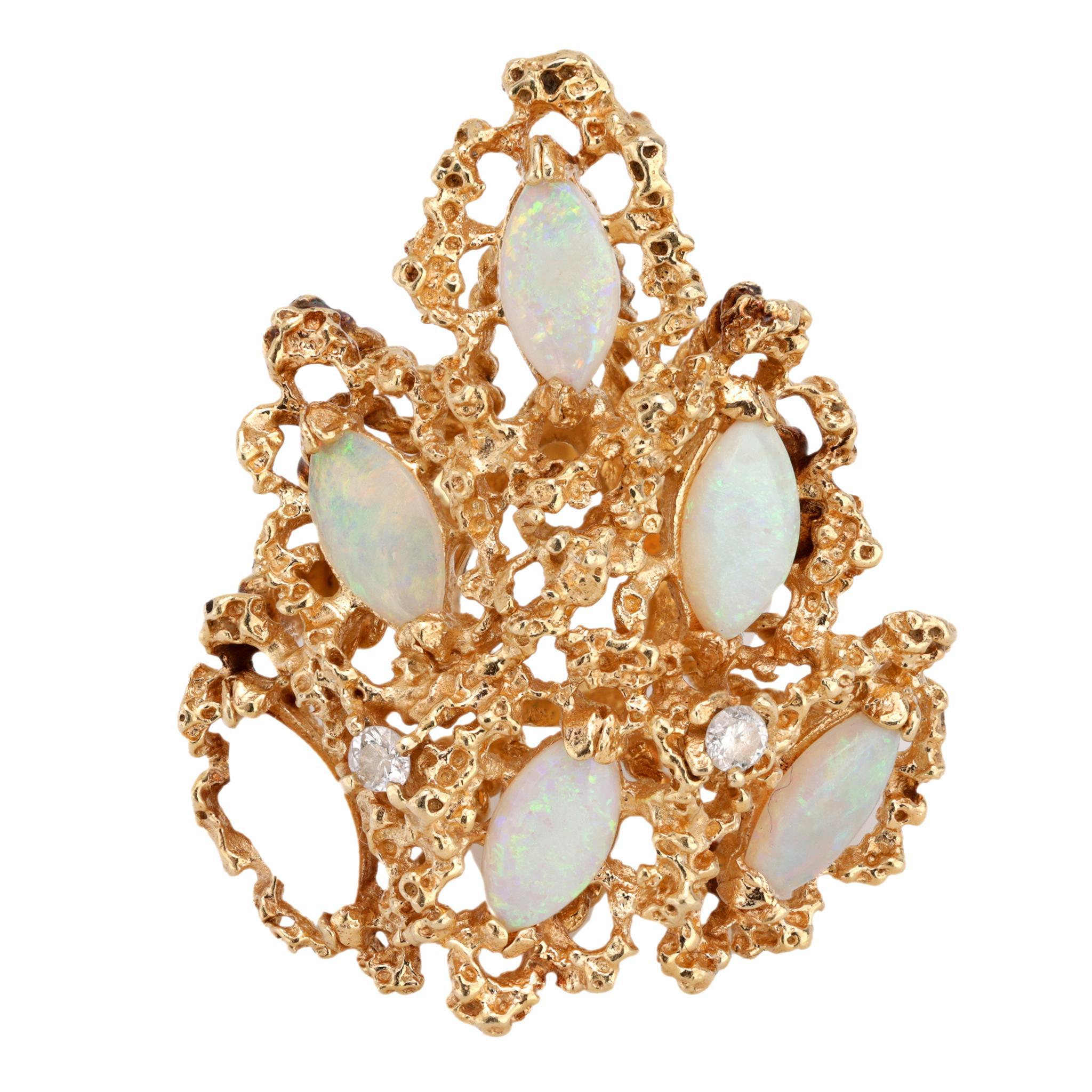 Marquise Cut Vintage opal diamond 14k yellow gold cocktail ring For Sale