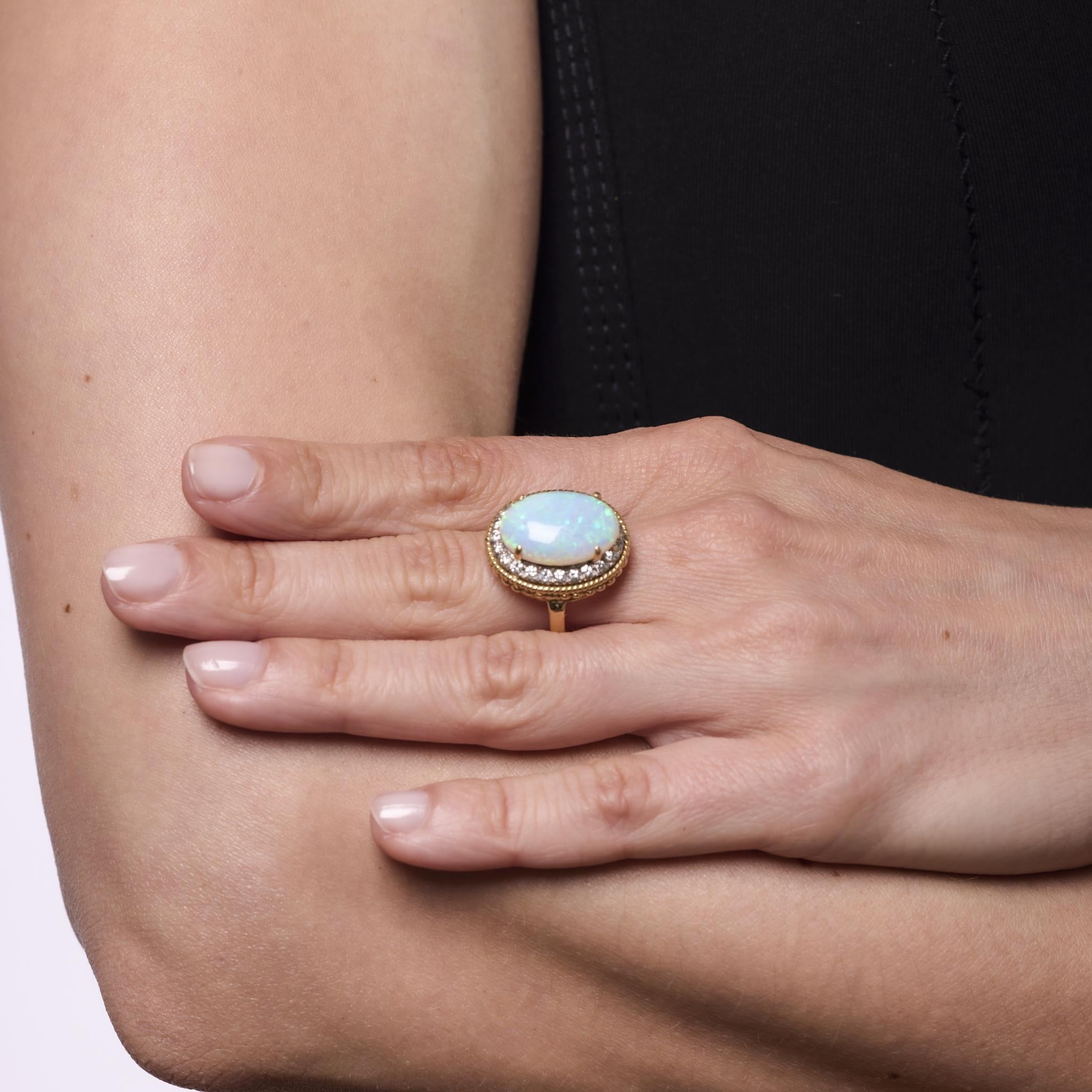 Cabochon Vintage opal diamond 14k yellow gold cocktail ring For Sale