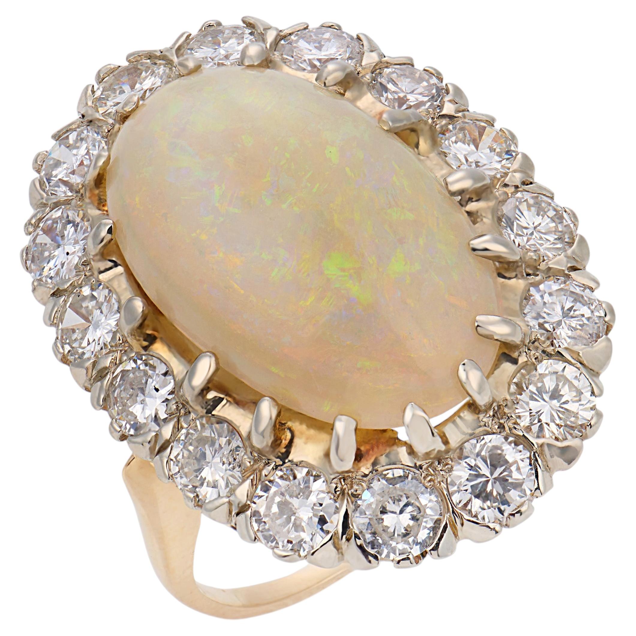 Vintage opal diamond 14k yellow gold silver cluster ring For Sale