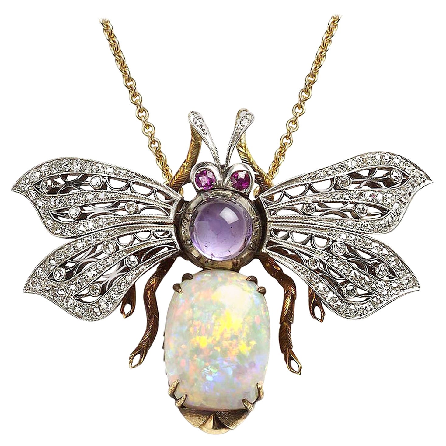 Vintage Opal, Diamond, Amethyst and 18 Karat Gold Bee Pendant For Sale