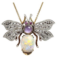 Vintage Opal, Diamond, Amethyst and 18 Karat Gold Bee Pendant