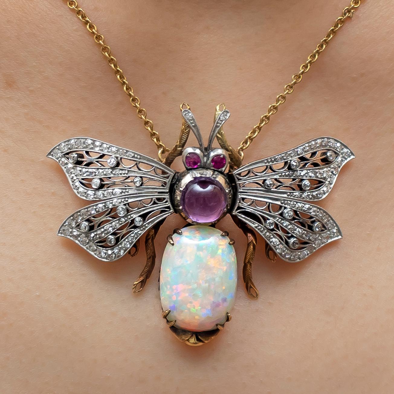 Oval Cut Vintage Opal, Diamond, Amethyst and Gold Bee Pendant For Sale