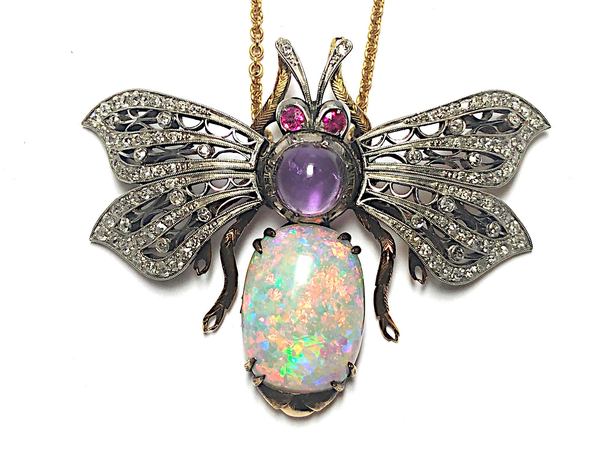 Women's Vintage Opal, Diamond, Amethyst and Gold Bee Pendant For Sale