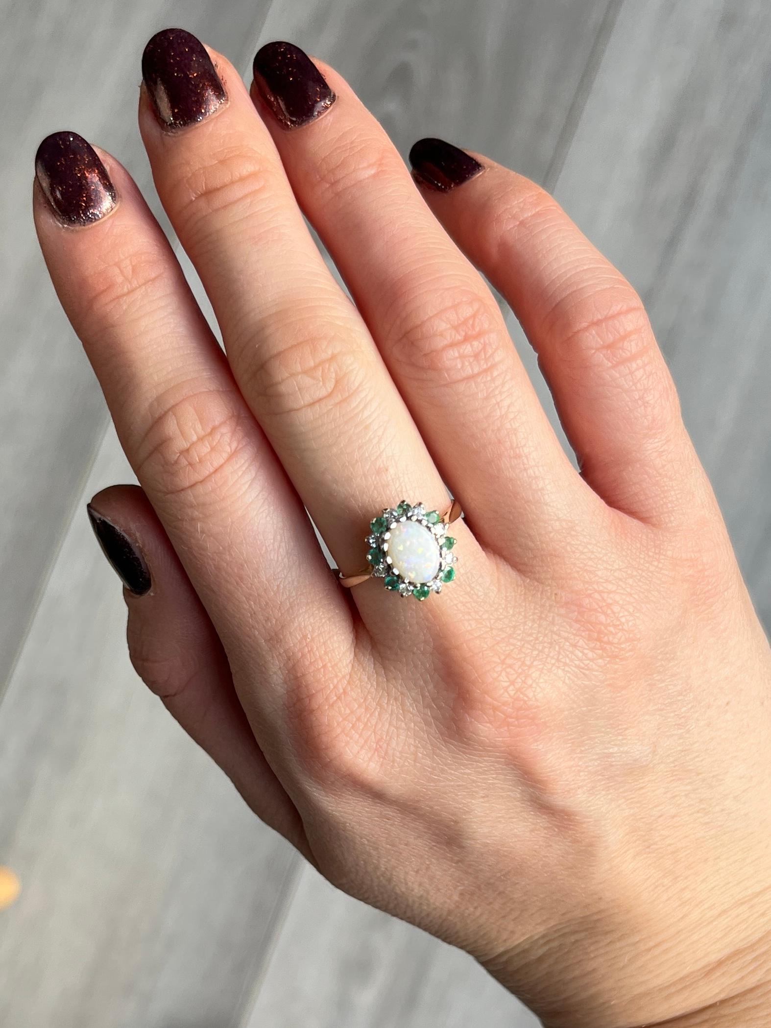 Modern Vintage Opal, Diamond and Emerald 9 Carat White Gold Cluster Ring For Sale