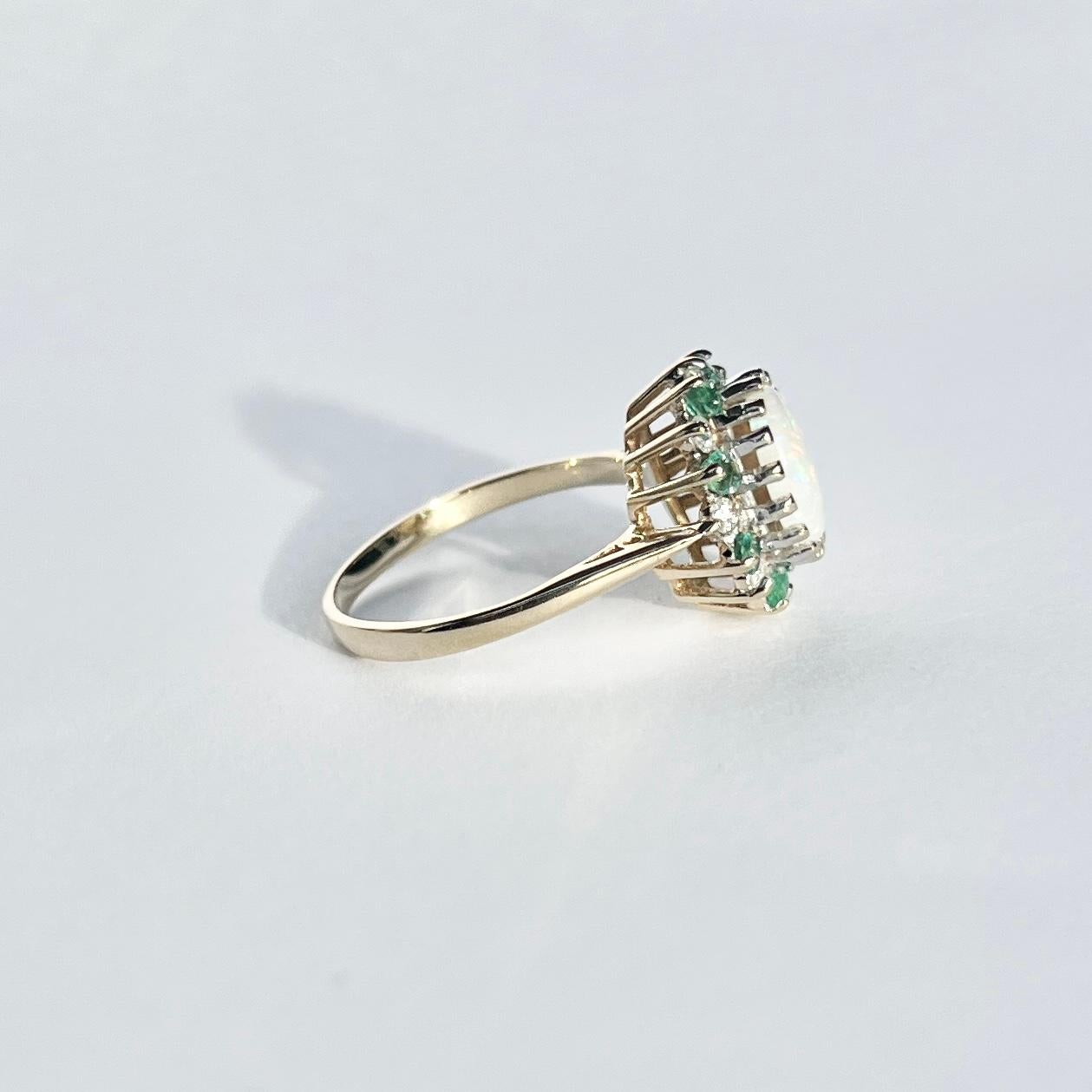 Vintage Opal, Diamond and Emerald 9 Carat White Gold Cluster Ring In Good Condition For Sale In Chipping Campden, GB
