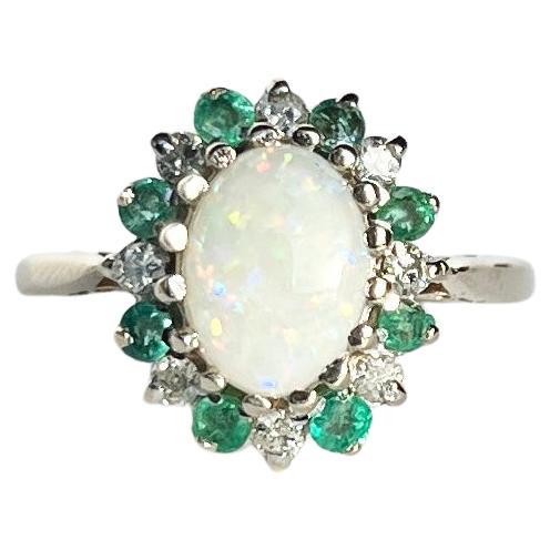 Vintage Opal, Diamond and Emerald 9 Carat White Gold Cluster Ring For Sale