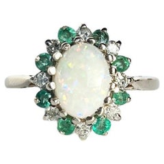 Retro Opal, Diamond and Emerald 9 Carat White Gold Cluster Ring