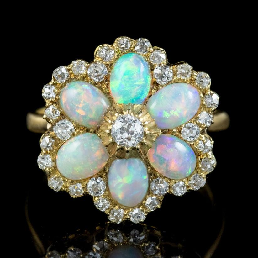 A spectacular Vintage cluster ring adorned with six natural cabochon Opals which boast a shimmering rainbow of colours and weigh 0.50ct each (approx. 3ct total). 

The large flower shaped face is bordered in twinkling Old cut Diamonds with a larger
